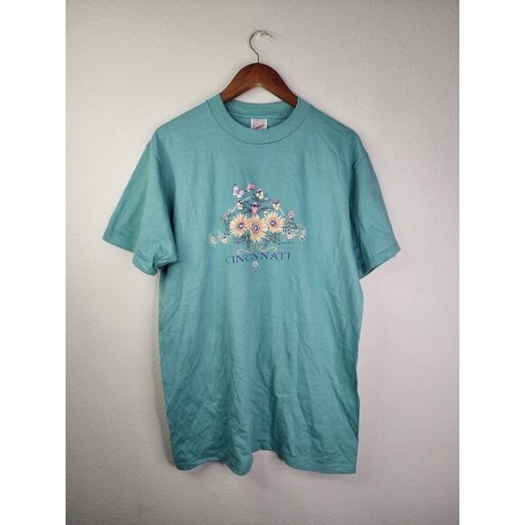 Vintage Cincinnati Shirt Floral Flower Graphic Green Jerzees Tee 90s VTG Large - Picture 1 of 6